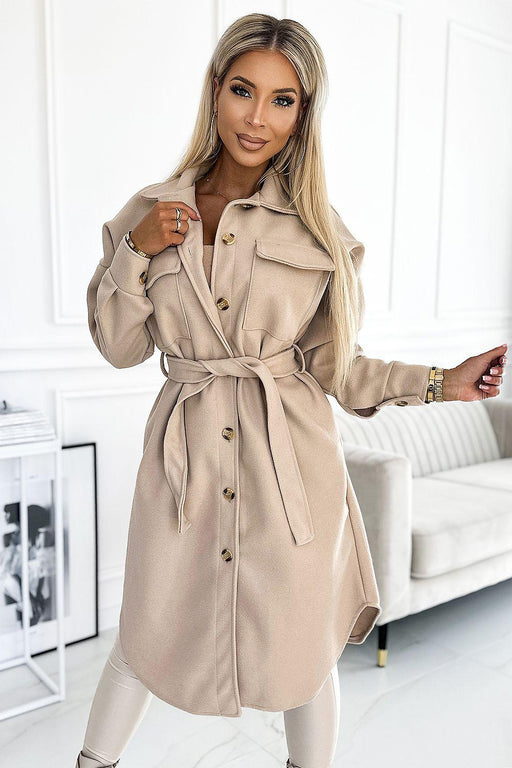 Beige Waist-Tied Winter Coat with Pockets by Numoco Basic