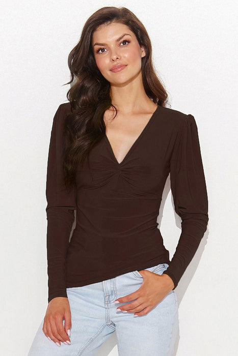 Chic V-Neck Blouse with Metal Plate Accent for Fashion-Forward Women