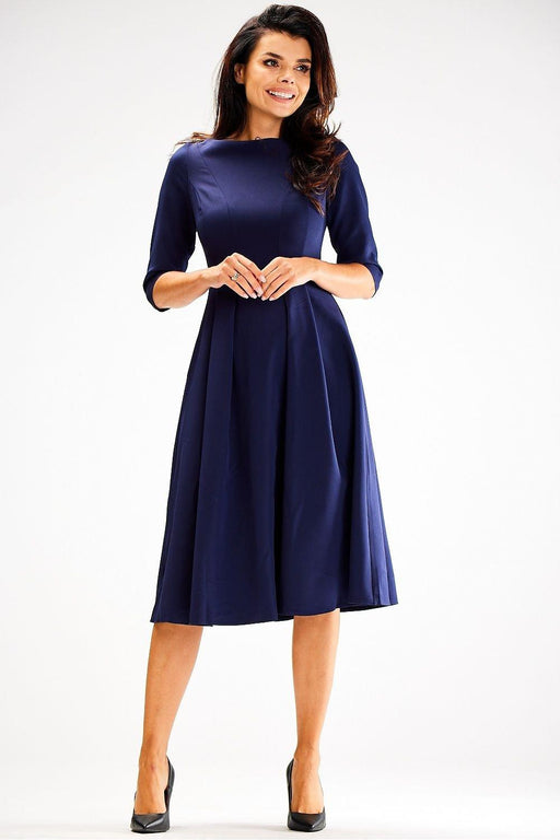 Sophisticated 3/4 Sleeve Boat Neck Flared Dress - Expertly Made in Poland