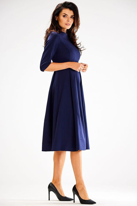 Sophisticated 3/4 Sleeve Boat Neck Flared Dress - Expertly Made in Poland