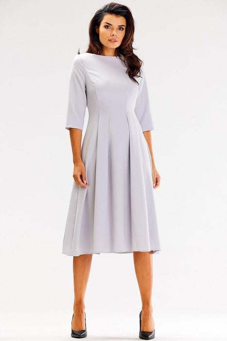 Sophisticated 3/4 Sleeve Boat Neck Flared Dress - Expertly Made in Poland