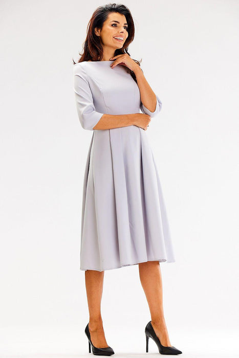 Sophisticated 3/4 Sleeve Boat Neck Flared Dress - Expertly Made in Poland