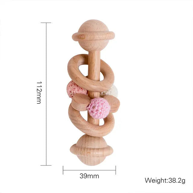 Natural Beech Wood Baby Rattle and Hand Bells - Montessori Educational Toys for Newborns