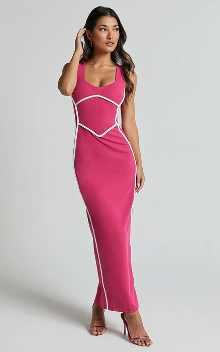 Turn Line Trim Bodycon Stretch Maxi Dress