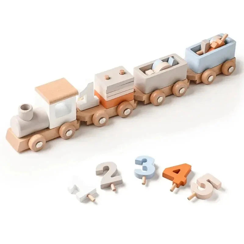 Educational Wooden Train Set for Babies - Montessori-Inspired Learning Toy with Trolley and Number Blocks