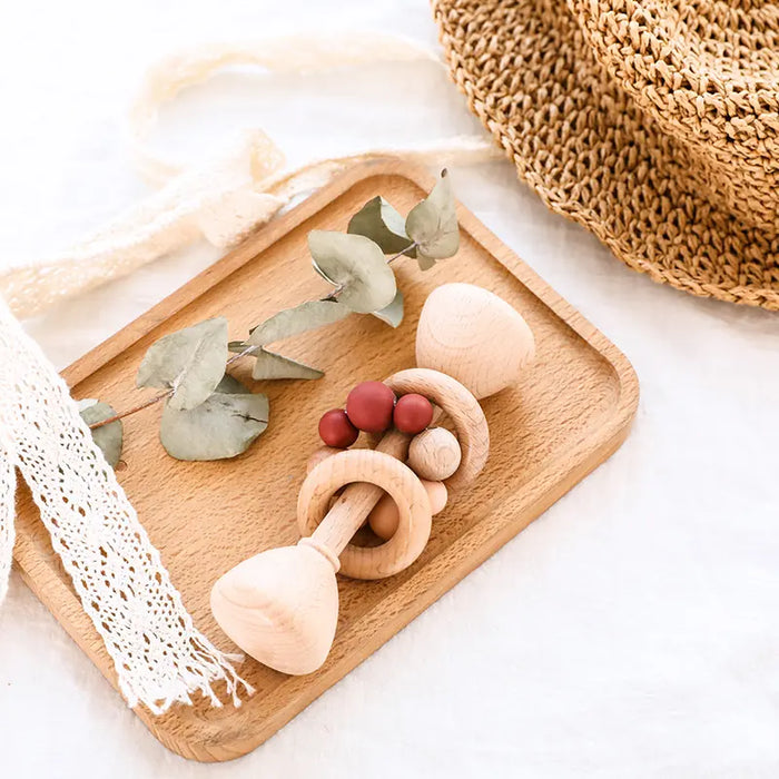 Natural Beech Wood Baby Rattle and Hand Bells - Montessori Educational Toys for Newborns