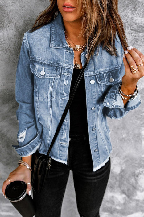 Distressed Cropped Denim Jacket with Edgy Raw Hem