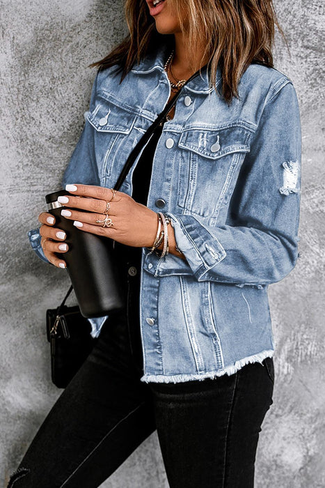 Distressed Raw Hem Cropped Denim Jacket