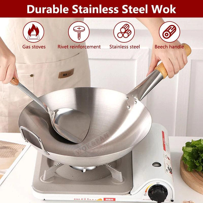 Versatile Stainless Steel Wok with Cool-Touch Handle for Outdoor Cooking