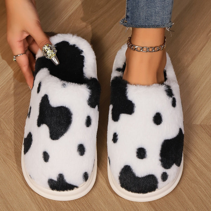 Adorable Cow Print Plush Slippers for Couples - Cozy Non-Slip Fuzzy House Shoes for Winter