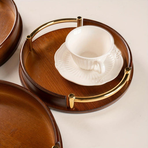 Chic Round Bamboo and Wood Serving Tray with Sturdy Metal Handle - Space-Saving Stackable Ottoman for Home Style