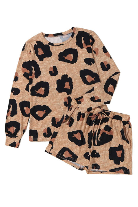 Chic Leopard Print Lounge Set: Long Sleeve Pullover and Shorts Combo