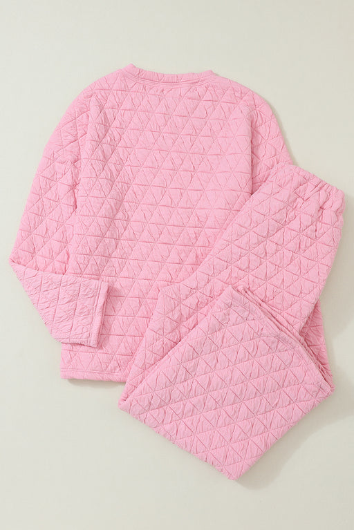 Pink Solid Quilted Pullover and Pants Outfit