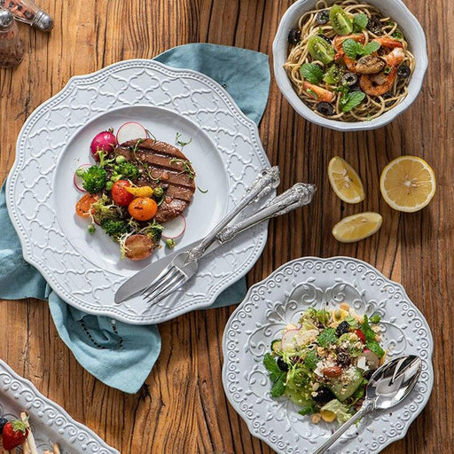 European Vintage Ceramic Dinner Plates Set - Elevate Your Dining Experience with Sophisticated Relief Patterns for a Luxurious Mealtime