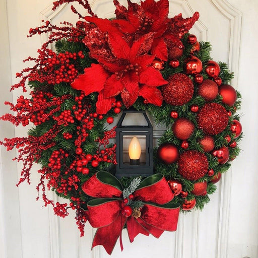 Luxurious Red and Gold Illuminated Christmas Wreath - Chic Holiday Decor for Your Home