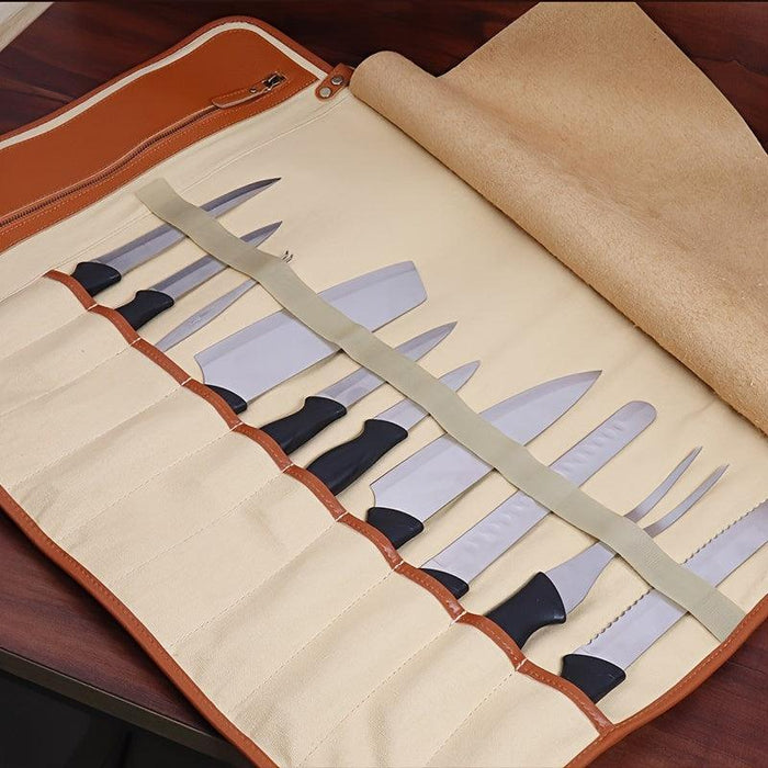 Stylish Faux Leather Knife Organizer - Portable and Wall-Mountable Culinary Storage Solution