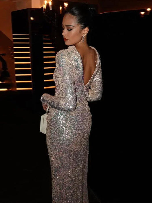 Glistening Backless Maxi Dress: Elegant Sequin Evening Gown with Long Sleeves