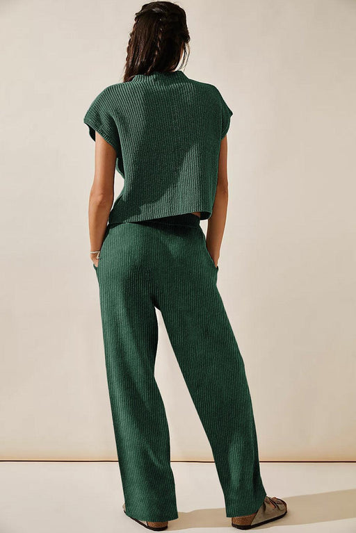 Stylish Forest Green Knit V Neck Sweater and Relaxed Pant Set - Cozy Fashion Essential for Young Women