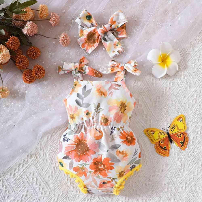 Delightful Floral Bow Baby Romper with Fun Pom-Pom Details