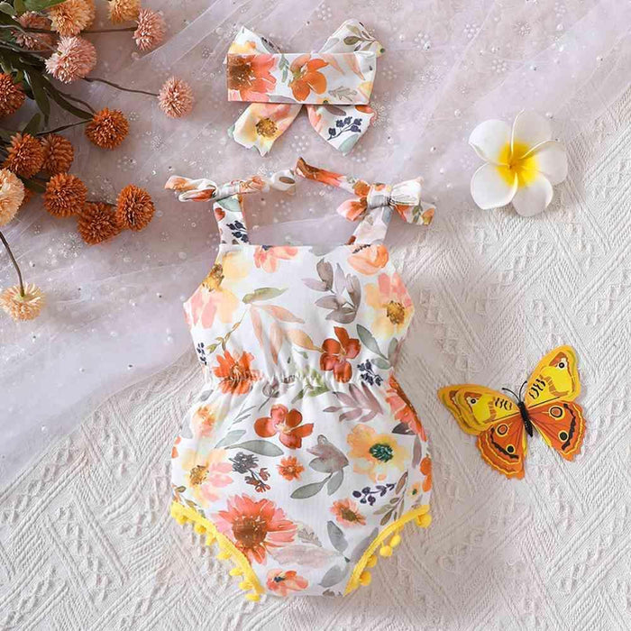 Delightful Floral Bow Baby Romper with Fun Pom-Pom Details