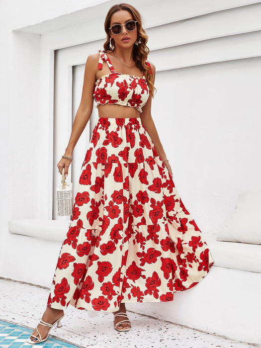 Tropical Floral Two-Piece Vacation Ensemble with Tie-Front Top and Flowing Maxi Skirt