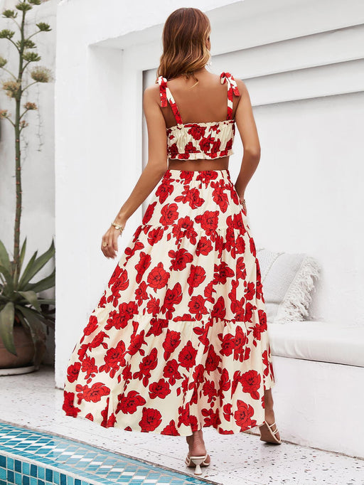 Floral Bliss Vacation Set with Tie-Strap Top and Flowy Maxi Skirt