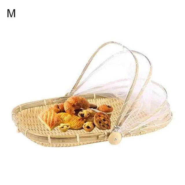 Rustic Eco-Friendly Handwoven Rattan Food and Fruit Storage Basket with Anti-Bug Mesh Cover