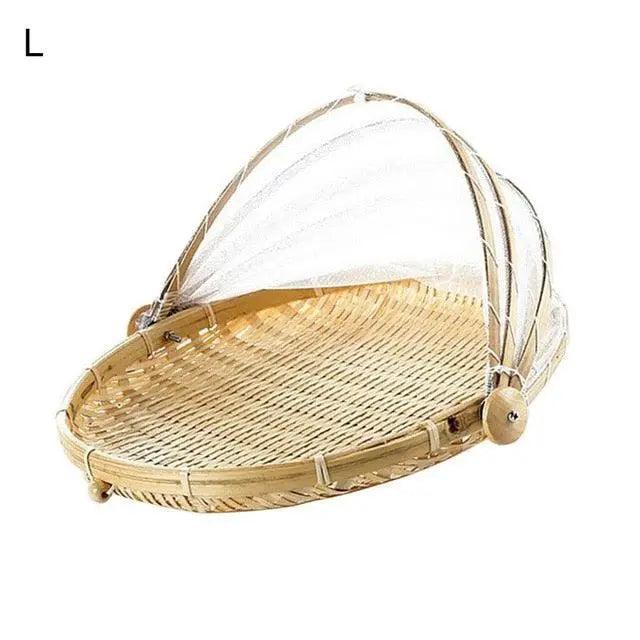 Rustic Eco-Friendly Handwoven Rattan Food and Fruit Storage Basket with Anti-Bug Mesh Cover