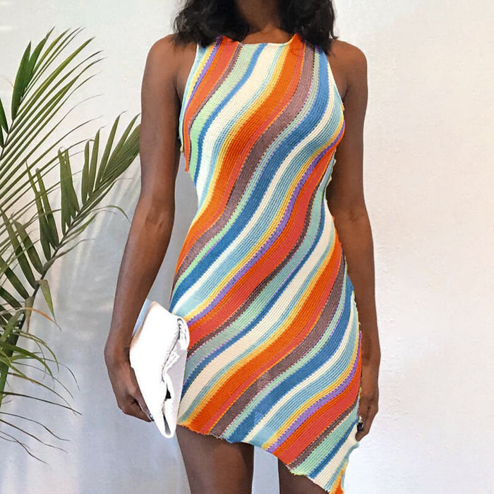 Colorful Striped Sleeveless Knit Dress - Boho Chic Women's Fashion