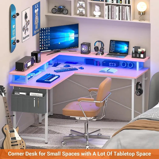 Ultimate Gaming Hub: LED L-Shaped Desk with Intelligent Storage System