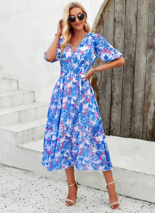 Elegant printed waist V-neck long dress