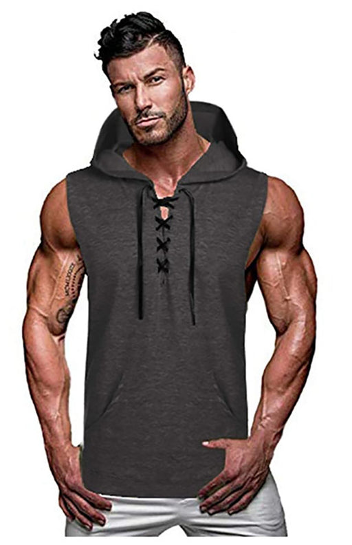 Men's Knit Sleeveless Lace-Up Hoodie