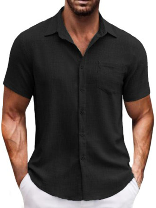 New solid color lapel pocket short sleeve casual men's shirt