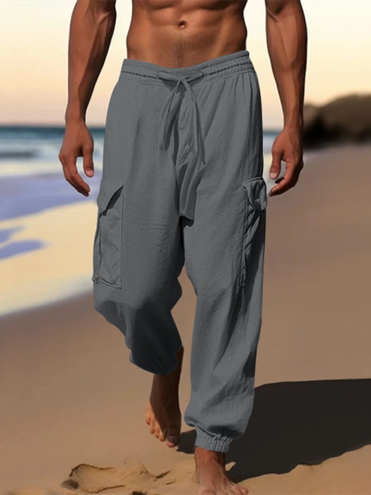 Casual cuffed multi-pocket drawstring trousers