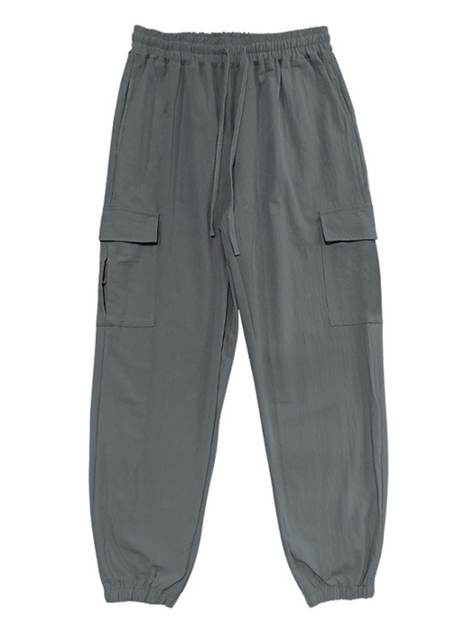 Casual cuffed multi-pocket drawstring trousers