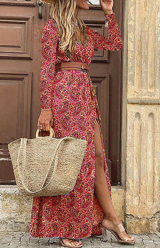 Chic Floral Print Boho Maxi Dress with V-Neck and Waist Tie