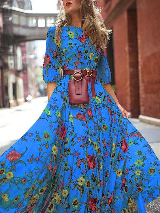 Vintage-Inspired Bohemian Floral Print Dress for All Seasons