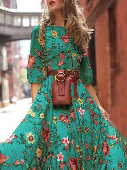 Vintage-Inspired Bohemian Floral Print Dress for All Seasons