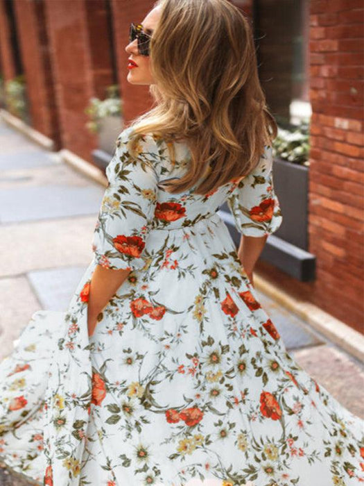 Vintage-Inspired Bohemian Floral Print Dress for All Seasons