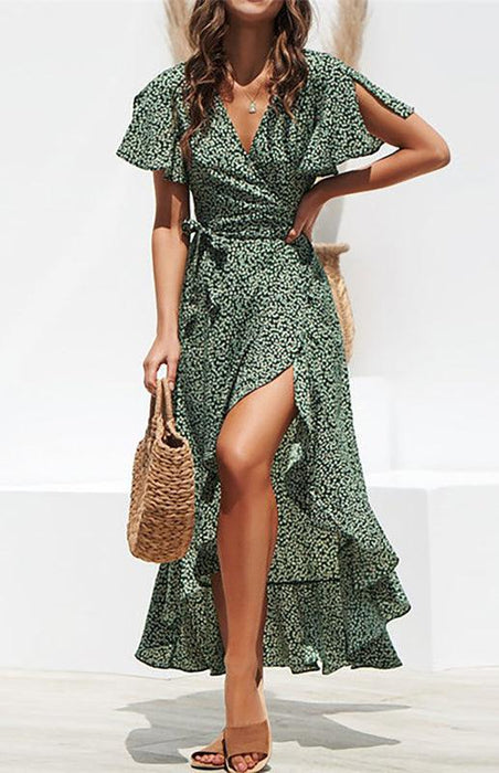 Elegant V-Neck Chiffon Print Dress with High Waist Tie - Women's Irregular Waist Tie Chiffon Dress