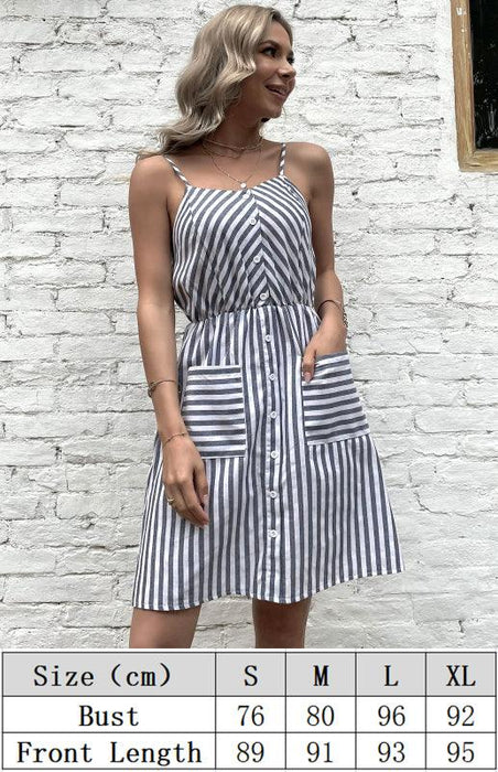 Chic Grey Striped Cotton Linen Slip Dress - Women's All-Day Elegance