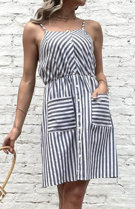 Chic Grey Striped Cotton Linen Slip Dress - Women's All-Day Elegance