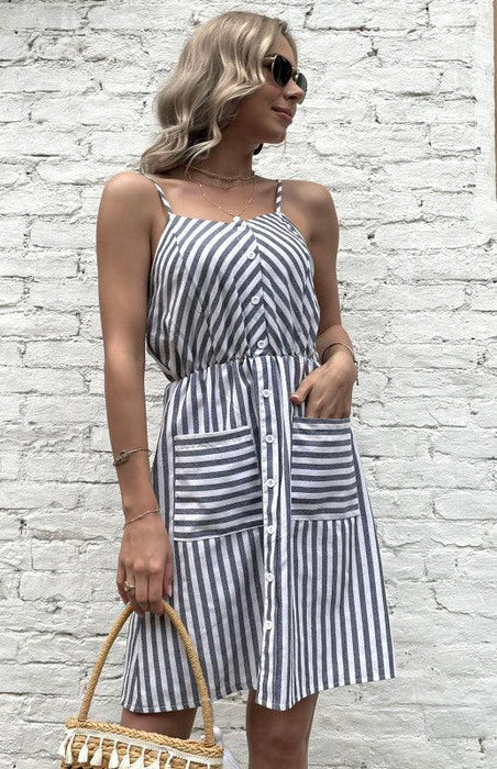 Chic Grey Striped Cotton Linen Slip Dress - Women's All-Day Elegance