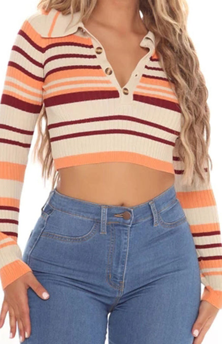 Striped Buttoned V-Neck Knit Crop Top