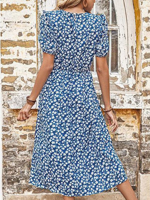 Floral Blue Split Skirt Dress - Chic European-American Elegance