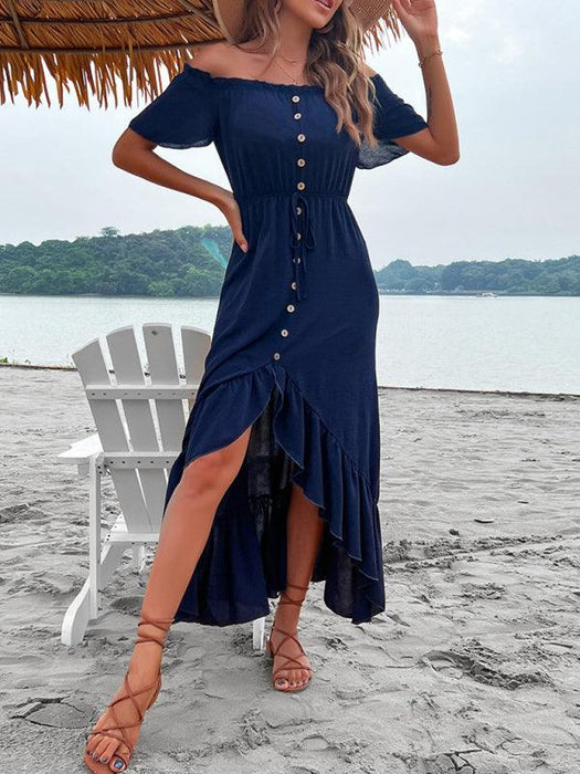 Chic Blue One Shoulder Ruffle Dress with Flowy Hem