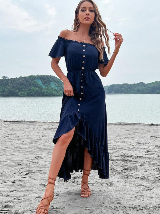 Chic Blue One Shoulder Ruffle Dress with Flowy Hem