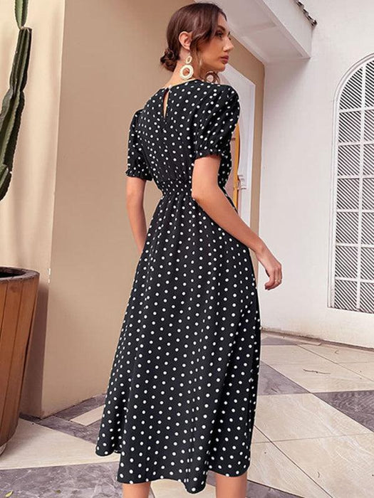 Vintage Inspired Black Polka Dot Dress with Flattering Midi Skirt