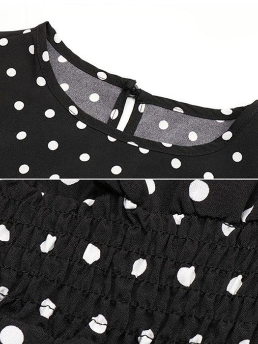 Vintage Inspired Black Polka Dot Dress with Flattering Midi Skirt