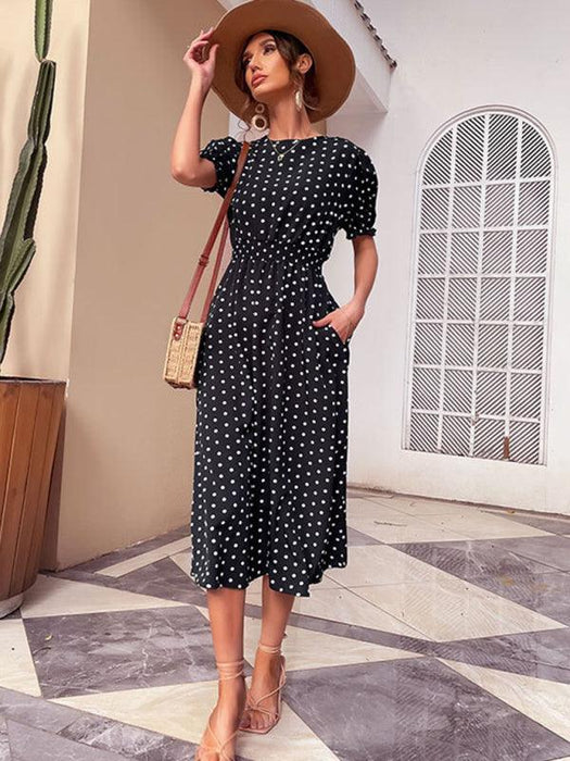 Vintage Inspired Black Polka Dot Dress with Flattering Midi Skirt